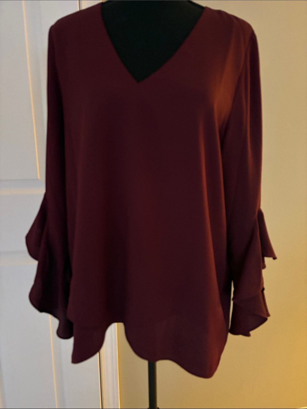 Vince Camuto Burgundy V-Neck Ruffle Sleeve Blouse